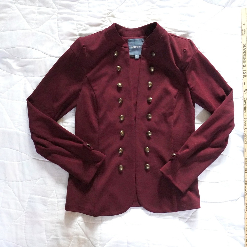 Modcloth Burgundy Double‎ Breasted Blazer Jacket Military Style Gold Buttons S